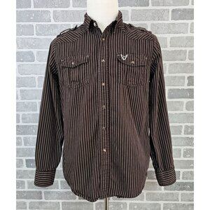 Company 81 Shirt Men's Large Brown White Striped Pearlsnap Western Cowboy Casual